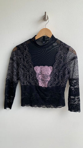 Pre-Owned Guess Black Sheer Long Sleeves Lace Accent Top- Size Small
