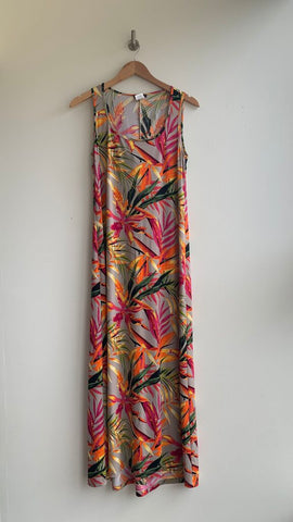 Pre-Owned Kim & Co Grey Multi Colour Leaf Print Sleeveless Maxi Dress - Size Small