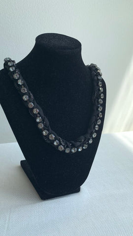 Pre-Owned Black Clear Gems Ribbon Braided Necklace