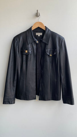 Pre-Owned St. John Sport Black Gold Decal Leather Jacket DAMAGED- Size Small