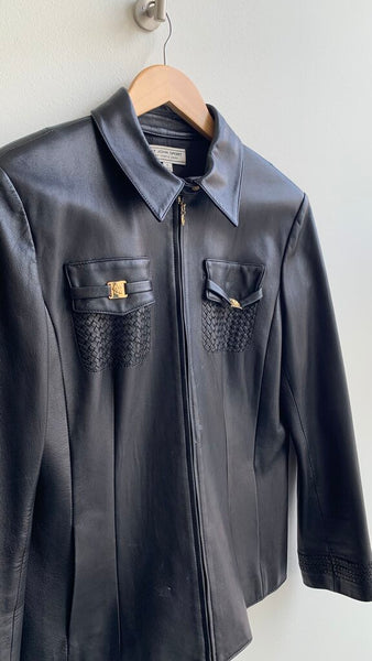 Pre-Owned St. John Sport Black Gold Decal Leather Jacket DAMAGED- Size Small