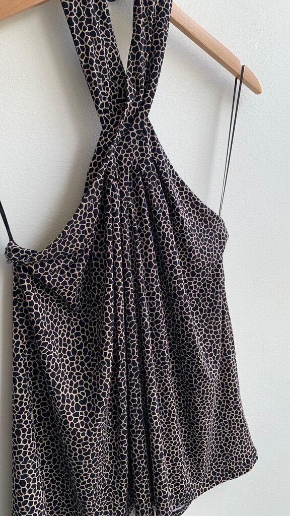 Pre-Owned Michael Kors Black/Tan Animal Print Cross Neck Halter Top- Size Large