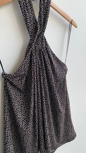 Pre-Owned Michael Kors Black/Tan Animal Print Cross Neck Halter Top- Size Large