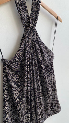 Pre-Owned Michael Kors Black/Tan Animal Print Cross Neck Halter Top- Size Large