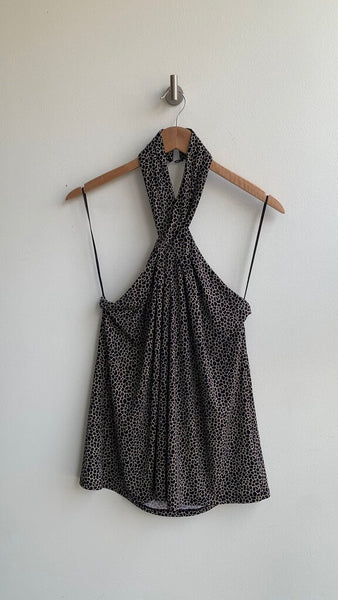 Pre-Owned Michael Kors Black/Tan Animal Print Cross Neck Halter Top- Size Large