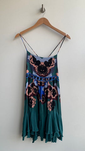 Pre-Owned Free People Stone Green Base Multi Floral Print Tiered Ruffle Sleeveless Mini Dress/Tunic - Size Small