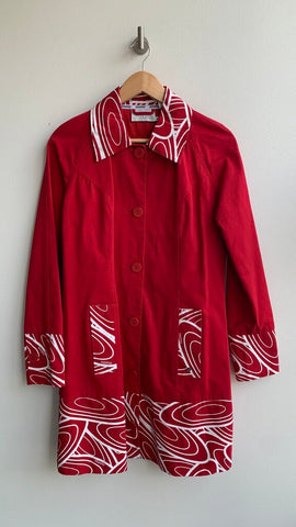Pre-Owned Nomis Red White Print on Pockets/Collar/Hem Button Up Jacket- Size Medium