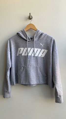 Pre-Owned Puma Grey Crop Kangaroo Pocket Hooded Sweater- Size Small