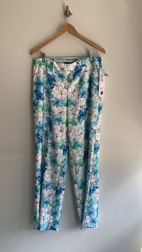 Pre-Owned Up! White with Blue/Green Floral Print Stretchy Waist Pants (NWT)- Size 10