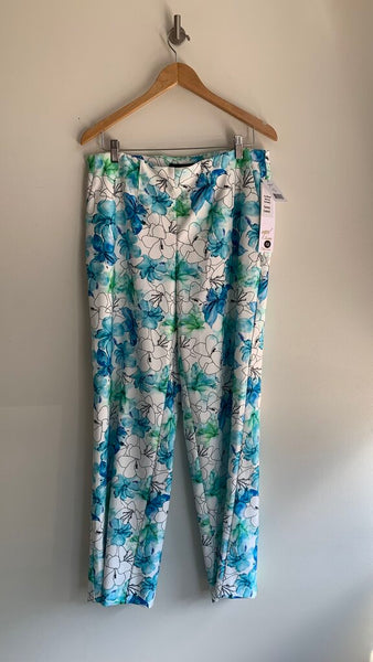 Pre-Owned Up! White with Blue/Green Floral Print Stretchy Waist Pants (NWT)- Size 10