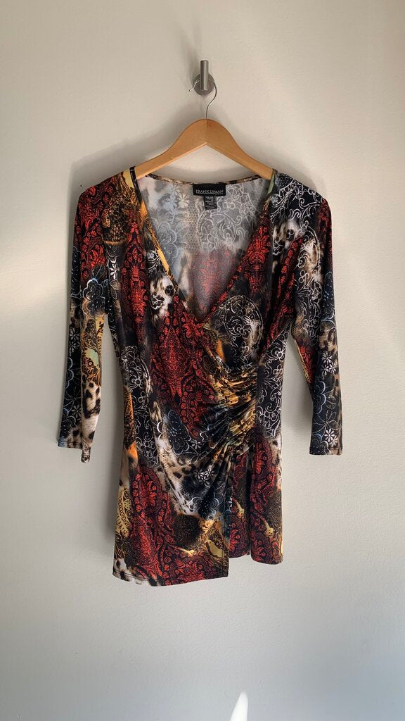Pre-Owned Frank Lyman Black/Multi Coloured 3/4 Sleeve Cinch Rib Blouse- Size 10