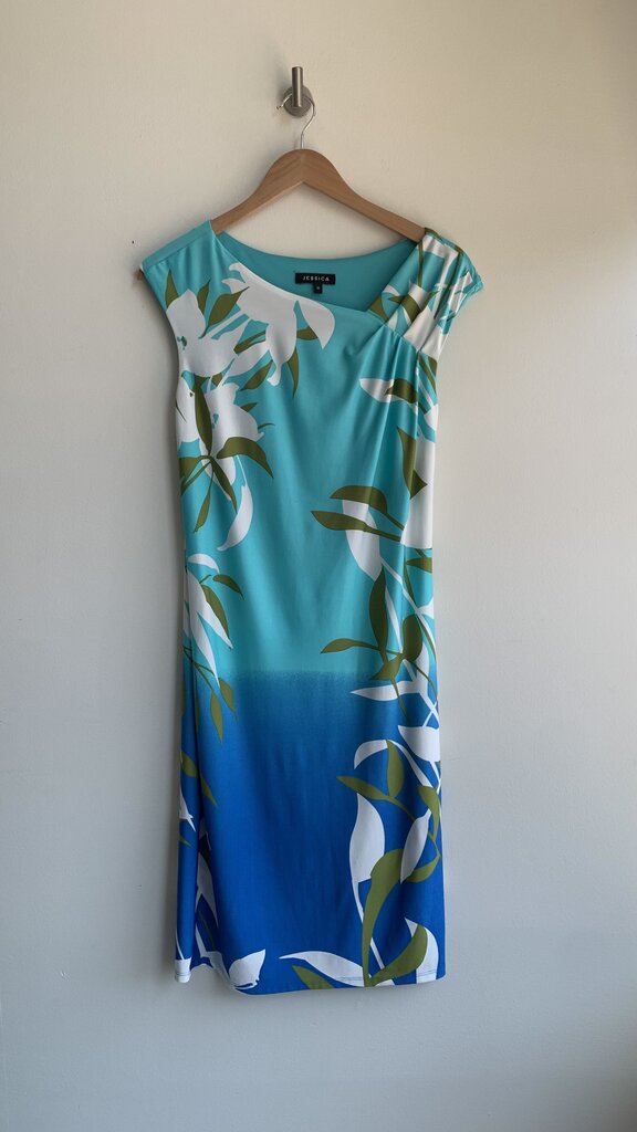 Pre-Owned Jessica Blue Floral Print Cap Sleeve Dress - Size 10