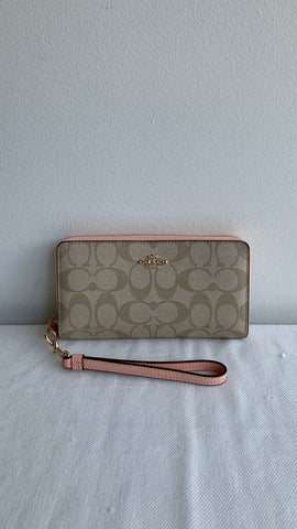 Pre-Owned Coach Light Khaki/Faded Blush Signature Long Zip Around Wallet (NWT)