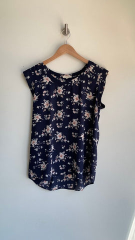 Pre-Owned Pleione Navy with Pink Floral Short Sleeve Blouse- Size Small