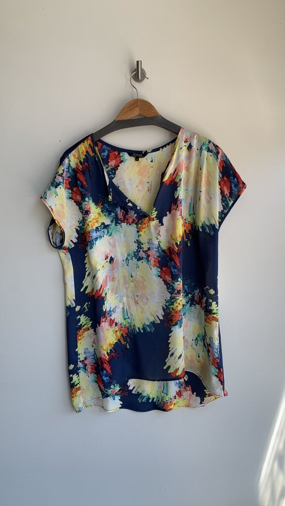 Pre-Owned Renuar Blue Abstract Print Short Sleeve Flowy Top- Size 8