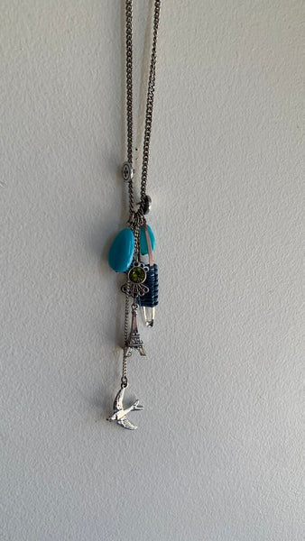 Pre-Owned Silver Blue Beads Multi Charms Necklace