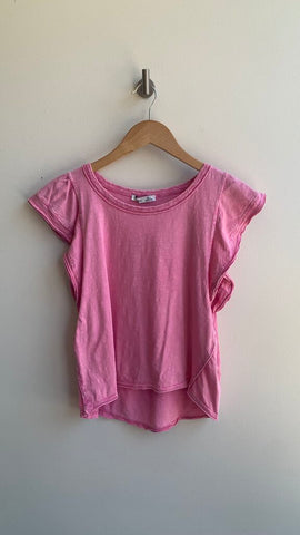 Pre-Owned Dex Pink Ruffle Sleeve Round Neck Tee- Size Small