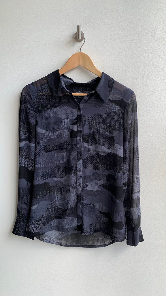 Pre-Owned Mexx Black/Grey Camo Print Sheer Long Sleeve Blouse - Size 34