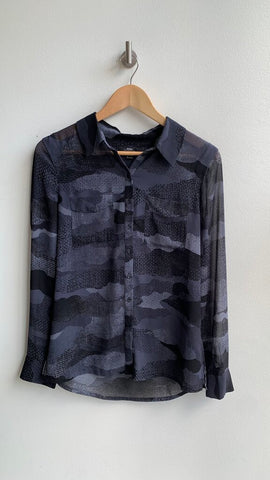 Pre-Owned Mexx Black/Grey Camo Print Sheer Long Sleeve Blouse - Size 34
