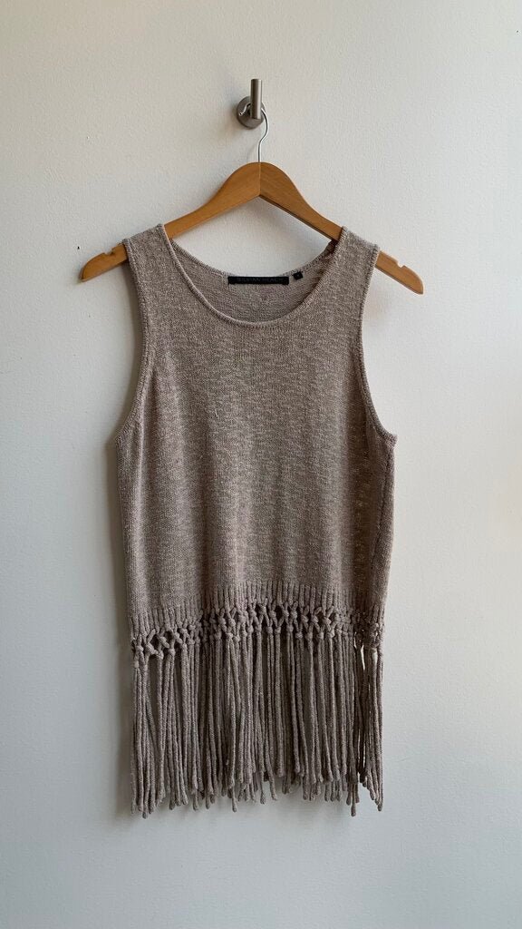 Pre-Owned Silvian Heach Tan/Gold Metallic Tassel Hem Knit Top - Size Medium
