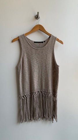 Pre-Owned Silvian Heach Tan/Gold Metallic Tassel Hem Knit Top - Size Medium