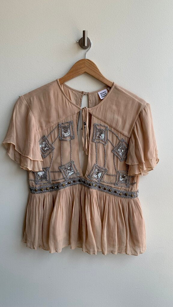 Pre-Owned Some Days Lovin Tan Sequin Beaded Open Back Blouse - Size Small