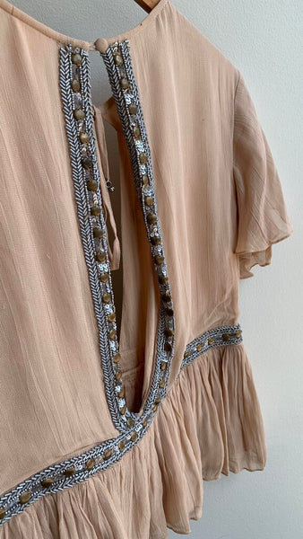 Pre-Owned Some Days Lovin Tan Sequin Beaded Open Back Blouse - Size Small