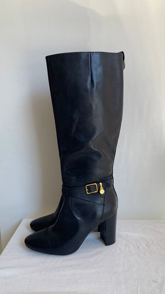 Pre-Owned Lauren Ralph Lauren Black Leather Heeled Knee High Boots - SIze 8.5