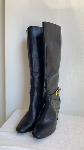 Pre-Owned Lauren Ralph Lauren Black Leather Heeled Knee High Boots - SIze 8.5