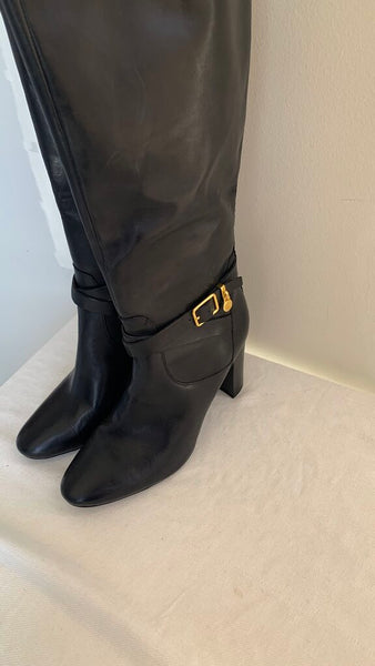 Pre-Owned Lauren Ralph Lauren Black Leather Heeled Knee High Boots - SIze 8.5