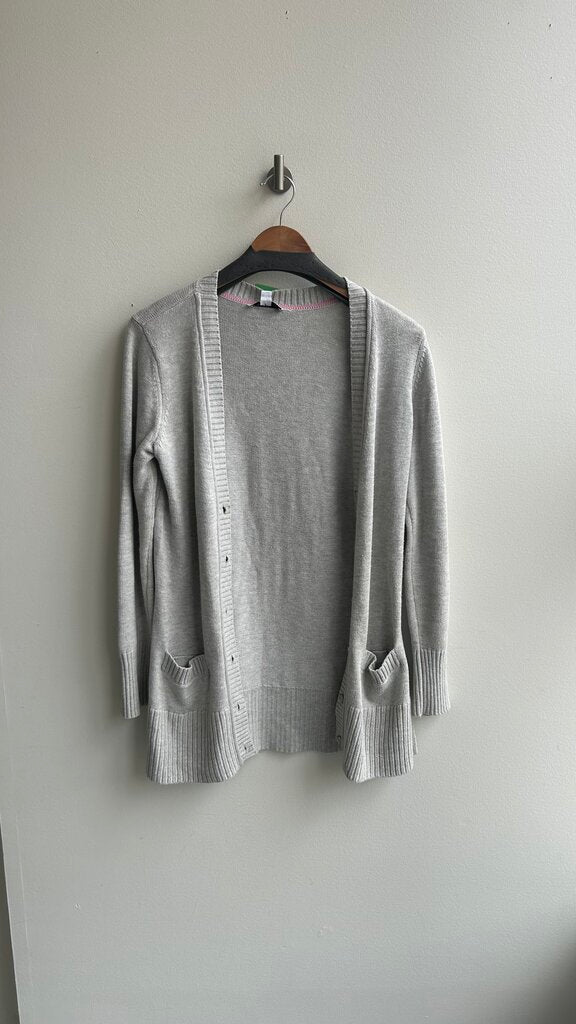 Pre-Owned Isaac Mizrah Grey Knit Ribbed Trim Cardigan- Size X-Small