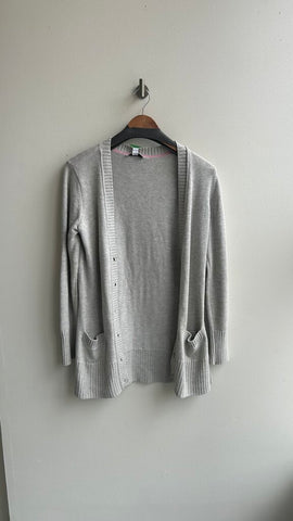 Pre-Owned Isaac Mizrah Grey Knit Ribbed Trim Cardigan- Size X-Small