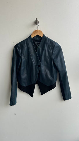 Pre-Owned G by Giuliana Blue and Black Faux Leather Open Front Cropped Jacket - Size XS