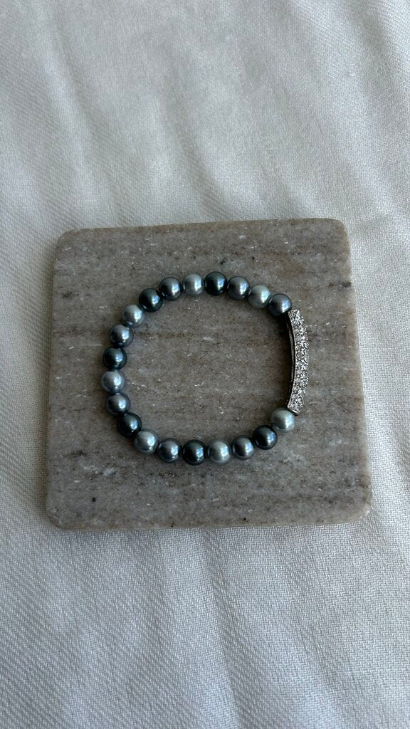 Pre-Owned Blue/Grey Metallic Beads with Silver Gem Inset Bar Bracelet