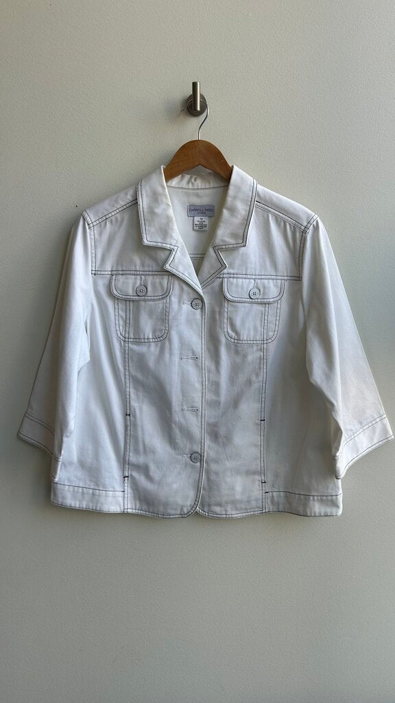 Pre-Owned Carroll Reed White Denim with Black Stitching 3/4 Boxy Sleeve Jacket- Size 14