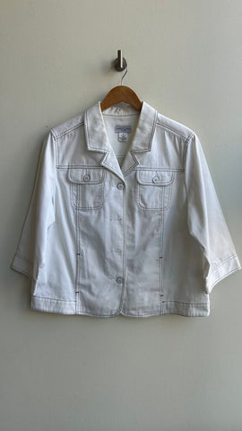 Pre-Owned Carroll Reed White Denim with Black Stitching 3/4 Boxy Sleeve Jacket- Size 14