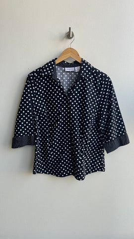 Pre-Owned Carroll Reed Navy White Polka Dot Collared 1/2 Sleeve Button Up Shirt- Size 12