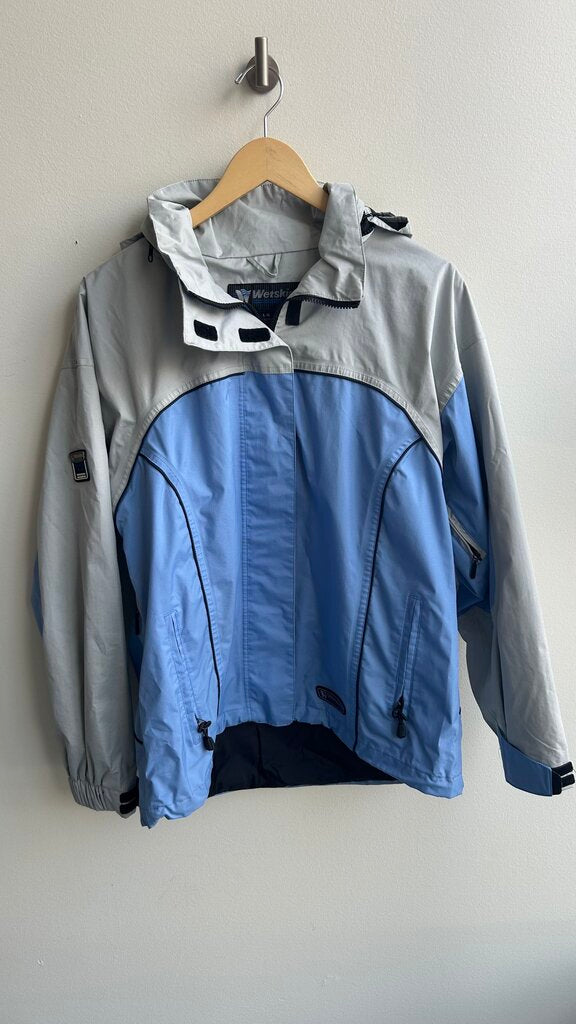 Pre-Owned Wetskins Light Grey/Blue Removable Hood Rain Jacket- Size Large