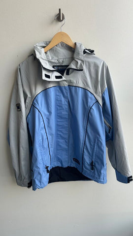 Pre-Owned Wetskins Light Grey/Blue Removable Hood Rain Jacket- Size Large