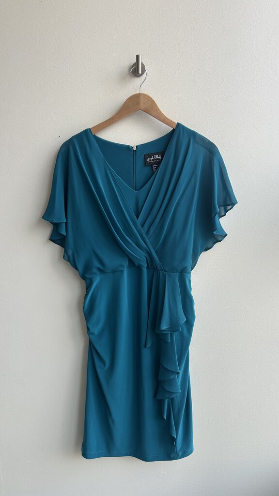 Pre-Owned Joseph RIbkoff Teal V-Neck Sheer Sleeves Fitted Dress- Size 10