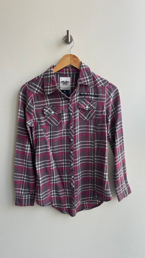 Pre-Owned Harley Davidson Grey/White/Purple Button Front Plaid Long Sleeve- Size X-Small