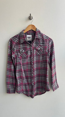 Pre-Owned Harley Davidson Grey/White/Purple Button Front Plaid Long Sleeve- Size X-Small