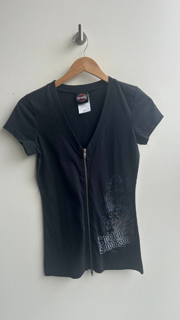 Pre-Owned Harley Davidson Black V-Neck Zip Front Tee- Size Small