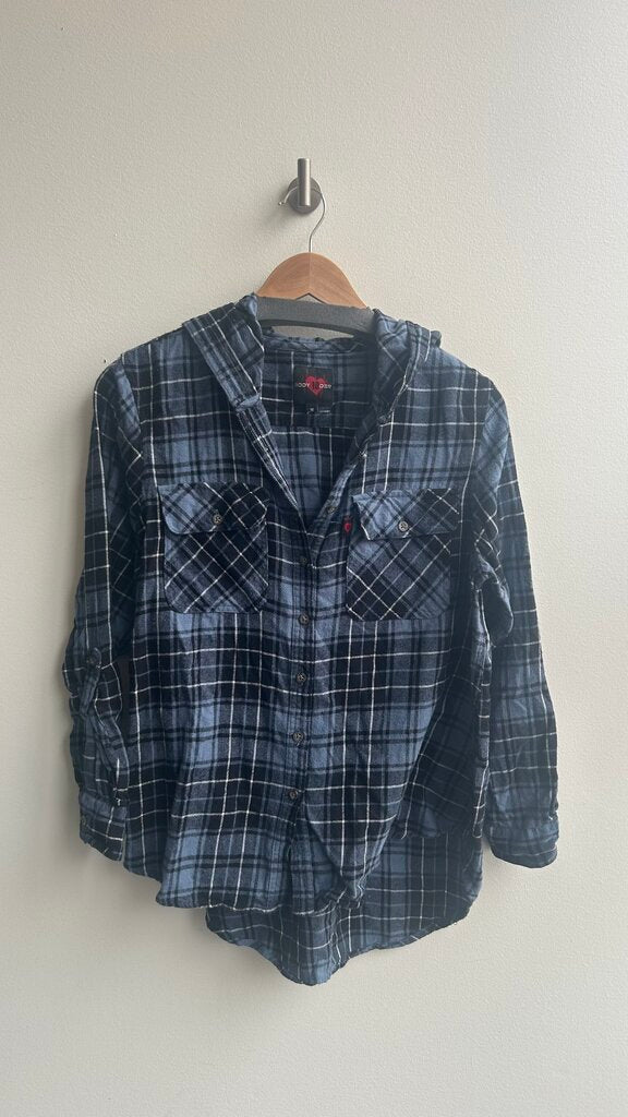 Pre-Owned Body 10Der Blue Plaid Hooded Button Up Flannel - Size 1X