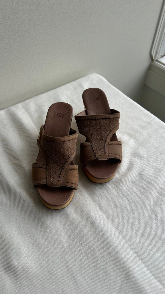 Pre-Owned Ugg Brown Leather Wooden Heels - Size 6