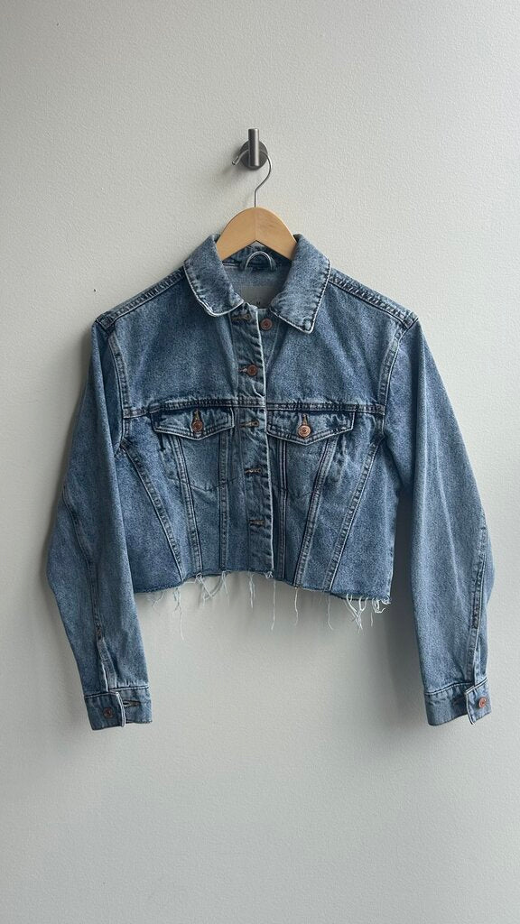 Pre-Owned Vero Moda Mid-Blue Cropped Cut-Off Denim Jacket - Size Small
