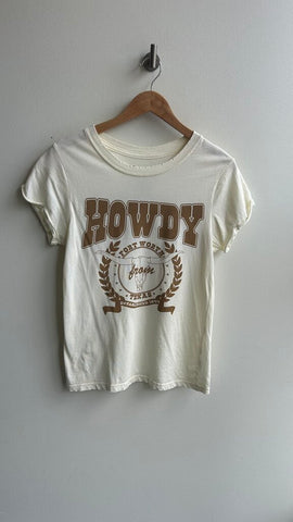 Pre-Owned Recycled Karma Cream 'Howdy' Distressed Graphic Tee- Size X-Small