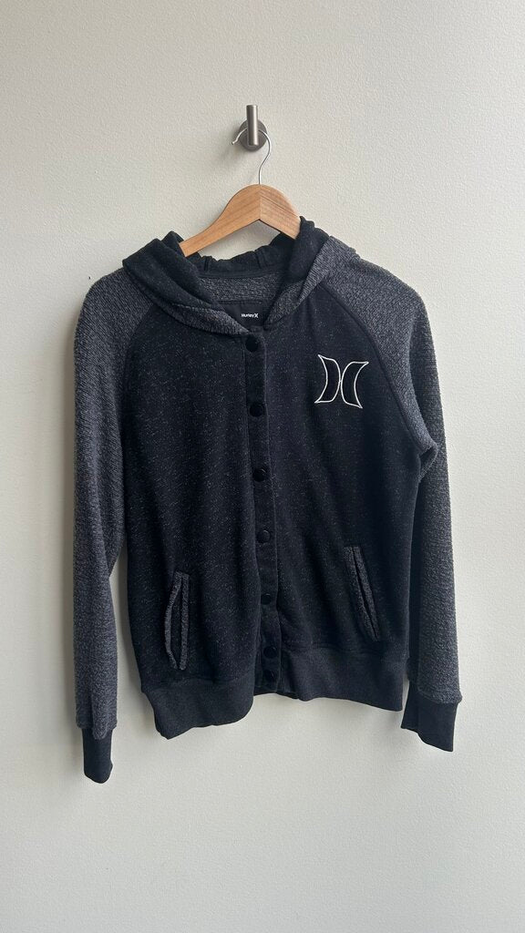 Pre-Owned Hurley Black/Charcoal Button Snap Up Hoodie- Size X-Large
