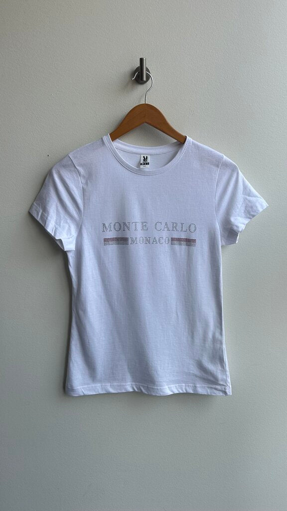 Pre-Owned White Bedazzled Monte Carlo Monaco Graphic Tee- Size Medium
