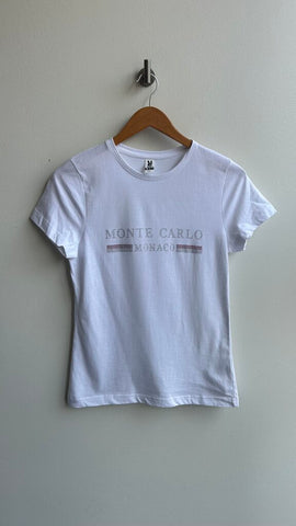 Pre-Owned White Bedazzled Monte Carlo Monaco Graphic Tee- Size Medium